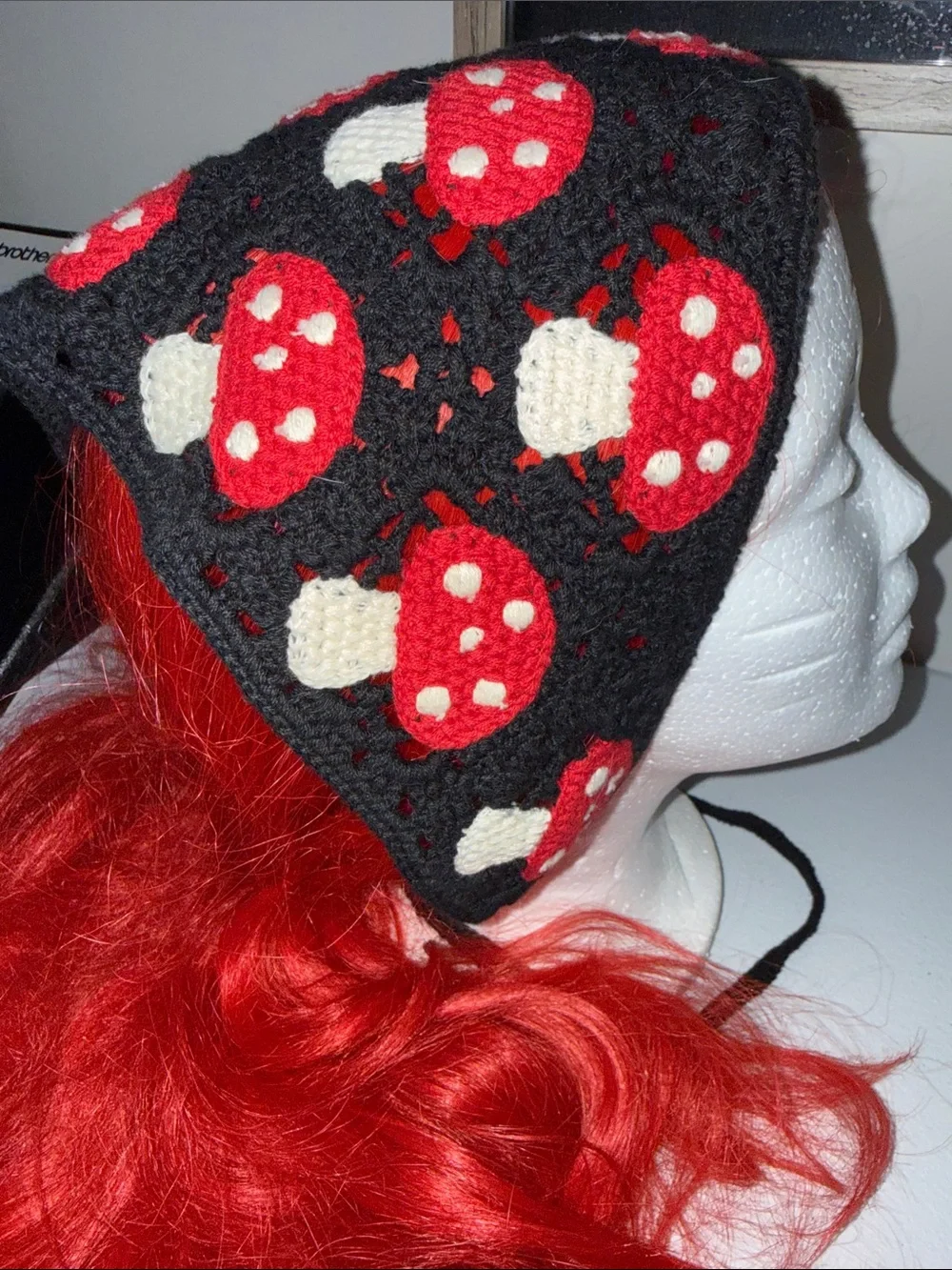 Black crocheted mushroom head covering